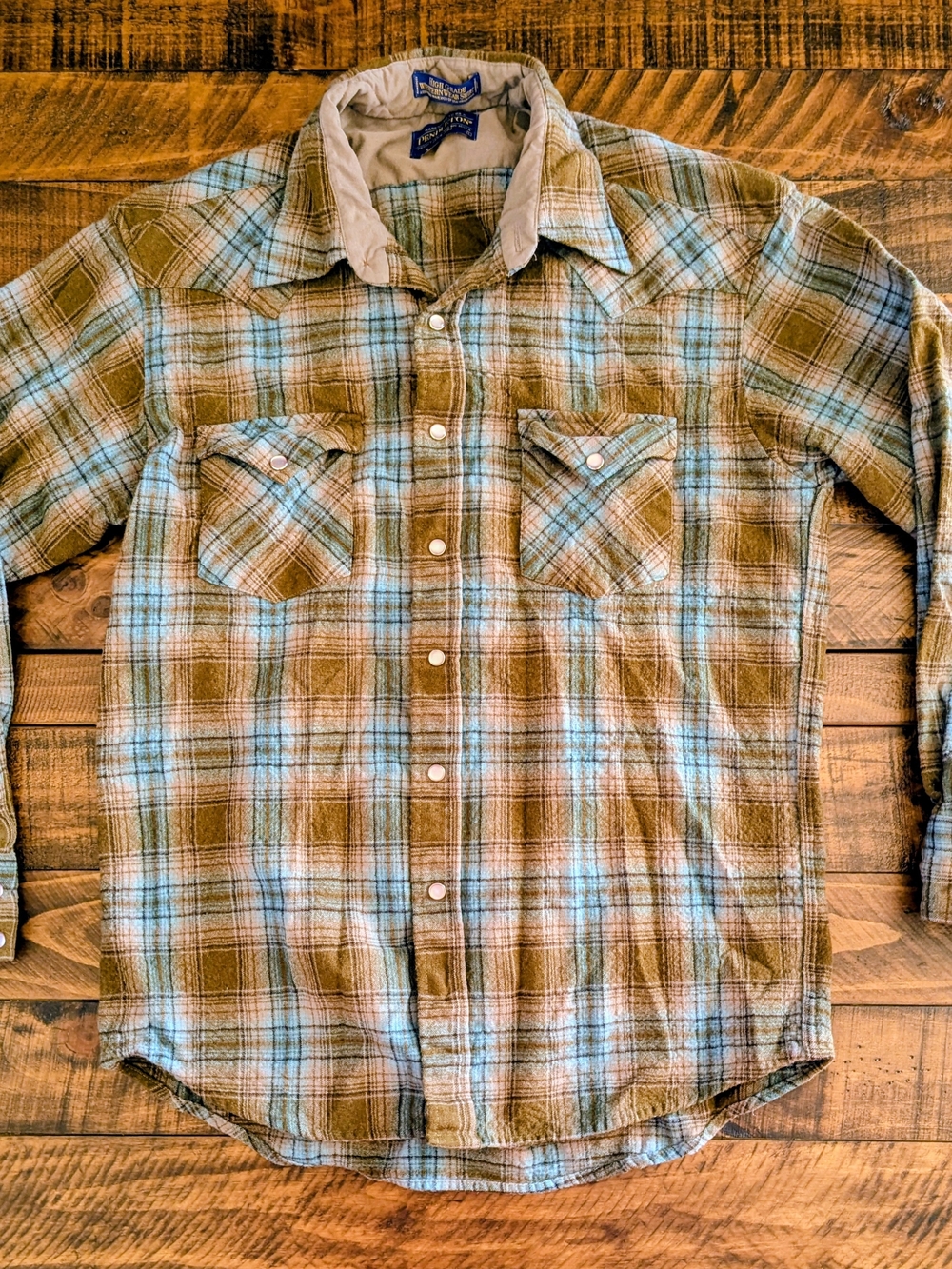 Pendleton High Grade Western Wear Wool Shirt Large Pearl Snap Brown Blue Plaid